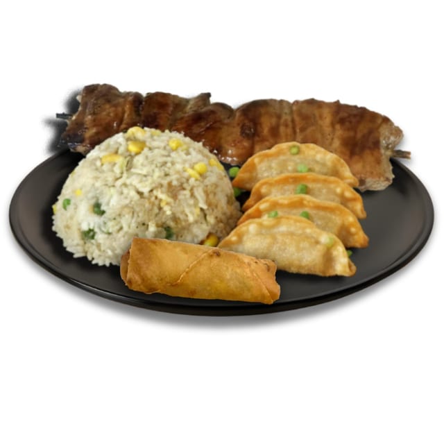 C5 - Fried Rice, 4 Pieces dumplings, 1 Piece Lumpia & 1 Stick BBQ Skewer (Pork or Chicken).