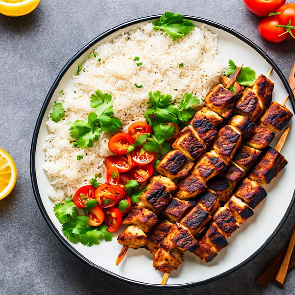 Grilled chicken skewers with rice, cherry tomatoes, and cilantro on a white plate.