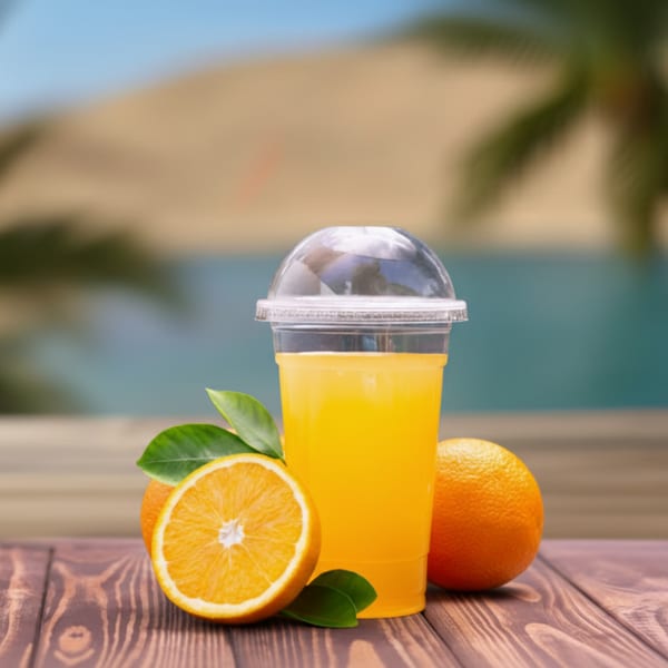 Fresh orange juice in a plastic cup with whole and sliced oranges on a wooden table.