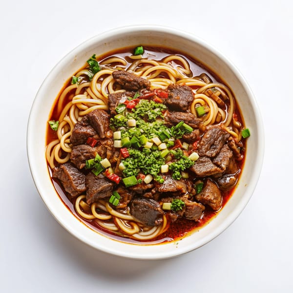 Adobo Pinoy Kitchen's beef noodle soup, garnished with green onions and chili flakes.