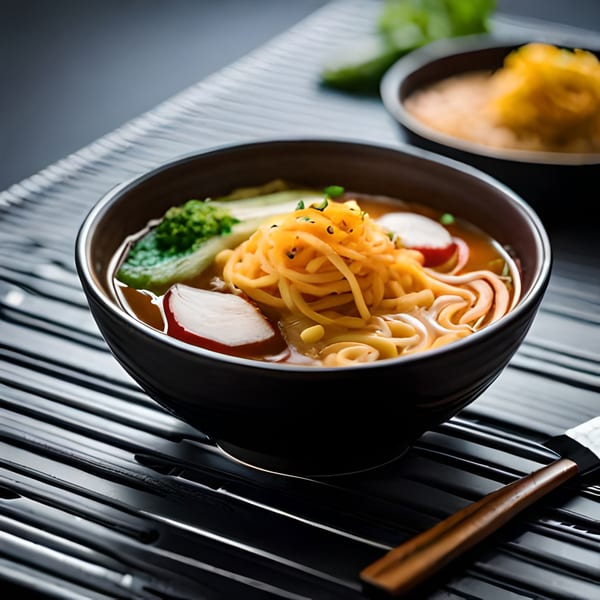 A bowl of Filipino pancit noodles with vegetables and broth, served on a dark ribbed tray.