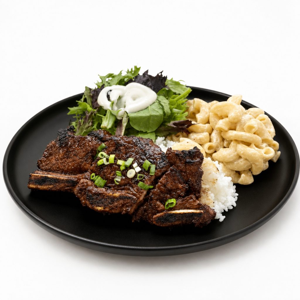 C12 - Beef Short Rib with Rice, Mac Salad and Mix Green Salad.