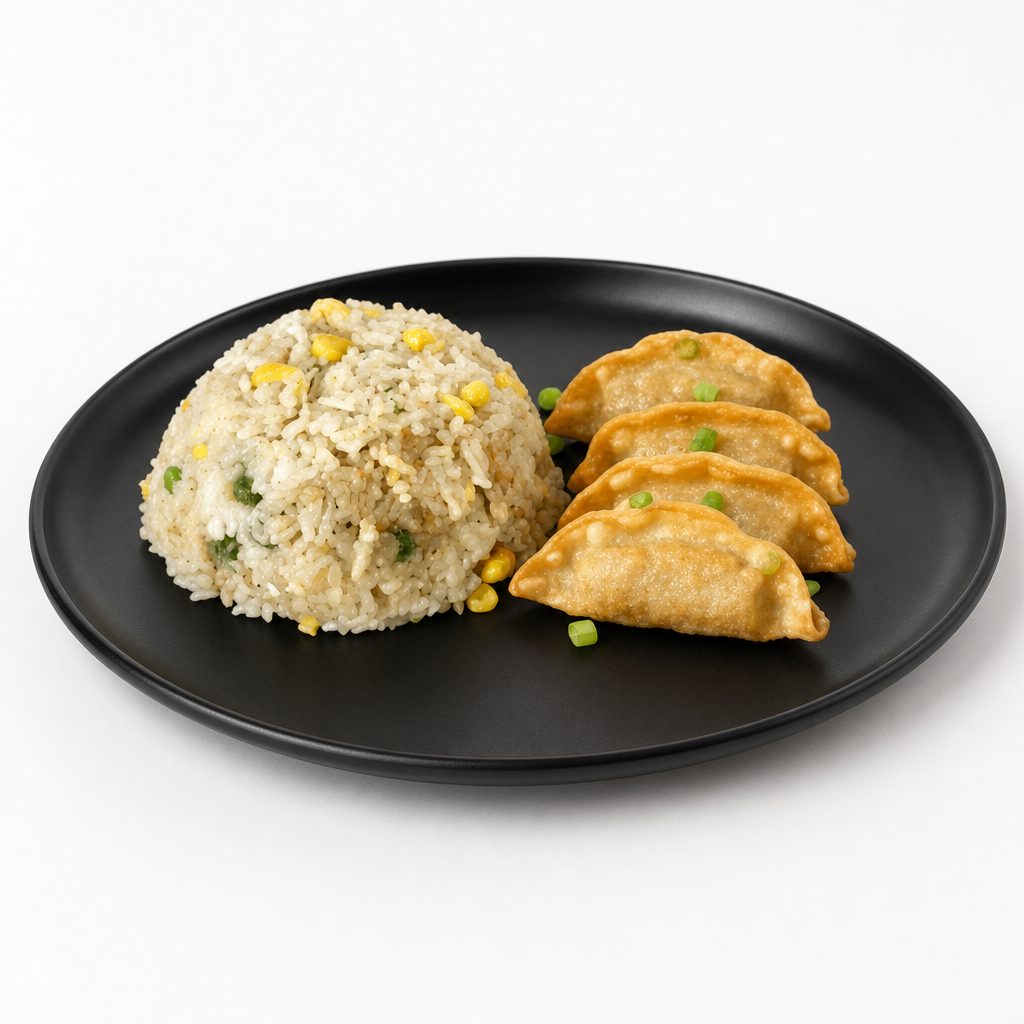 4 Pieces Dumplings with Fried Rice.