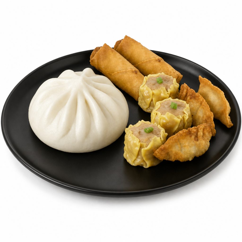 C9 - 3 Pieces Siomai, 3 Pieces Dumplings, 2 Pieces Lumpia & 1 Piece Siopao.