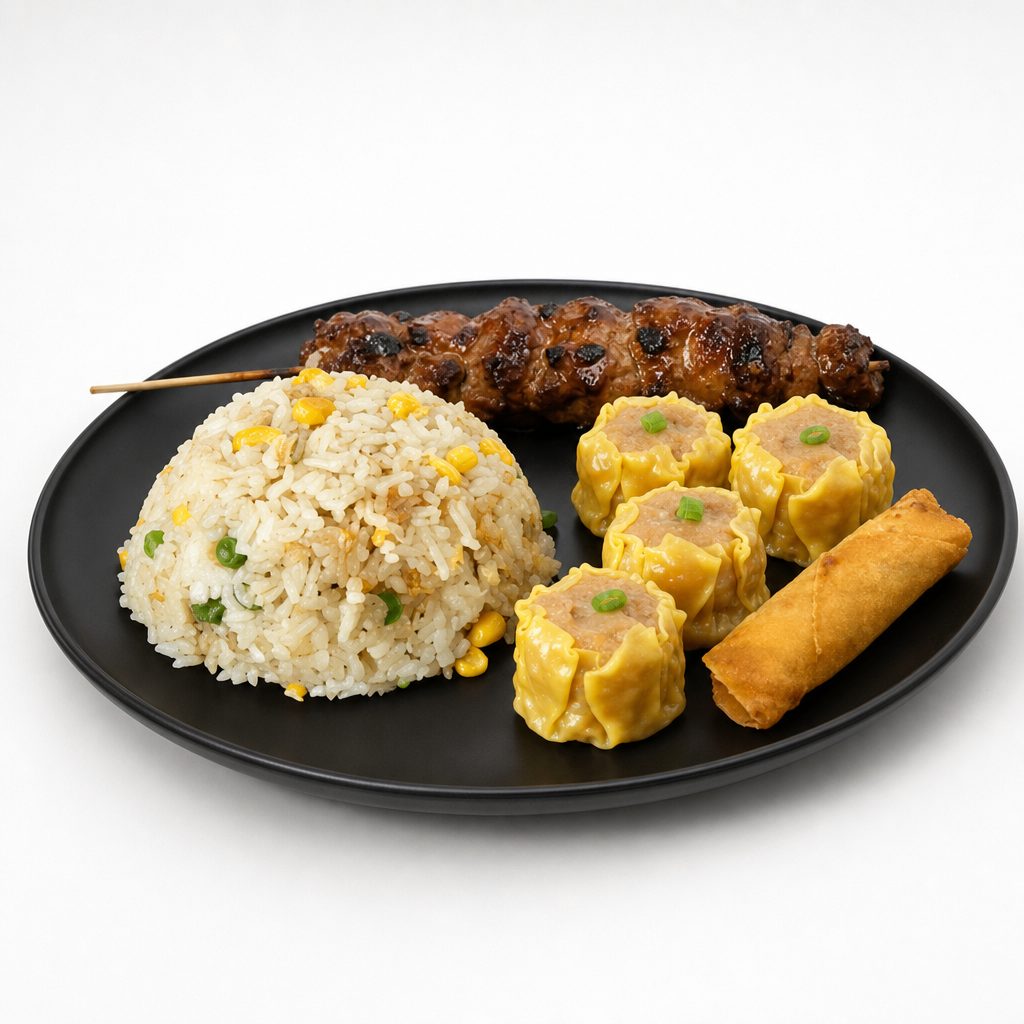 C10 - Fried Rice, 4 Pieces Siomai, 1 Piece Lumpia & 1 Stick BBQ Skewer (Pork or Chicken).