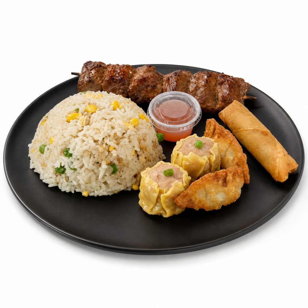 C8 - Fried Rice, 2 Pieces Dumplings, 2 pieces Siomai, 1 Piece Lumpia & 1 Stick BBQ Skewer (Pork or Chicken).