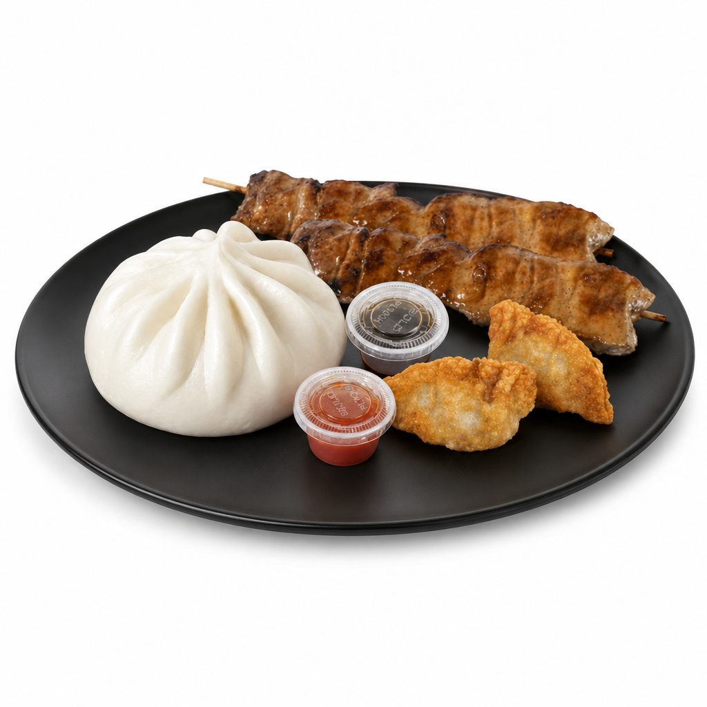 C11 - 1 Siopao, 2 Pieces Dumplings & 2 Sticks BBQ Skewer (Pork or Chicken).
