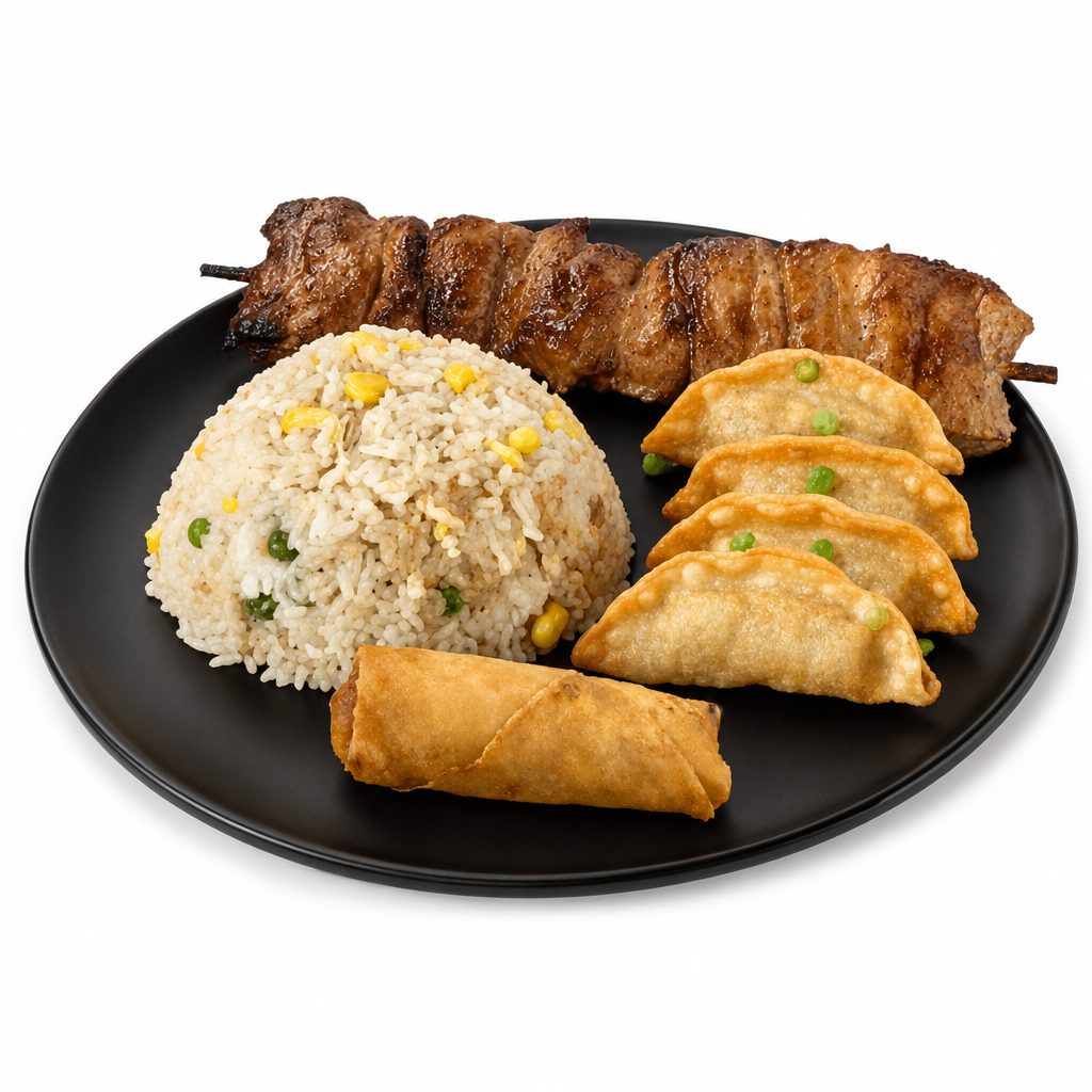 C5 - Fried Rice, 4 Pieces dumplings, 1 Piece Lumpia & 1 Stick BBQ Skewer (Pork or Chicken).