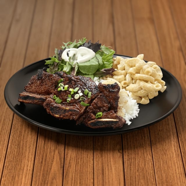 C12 - Beef Short Rib with Rice, Mac Salad and Mix Green Salad.