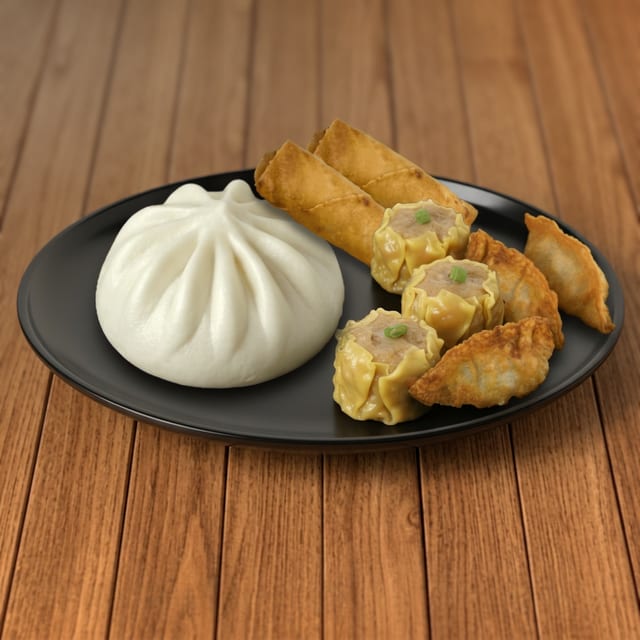 C9 - 3 Pieces Siomai, 3 Pieces Dumplings, 2 Pieces Lumpia & 1 Piece Siopao.