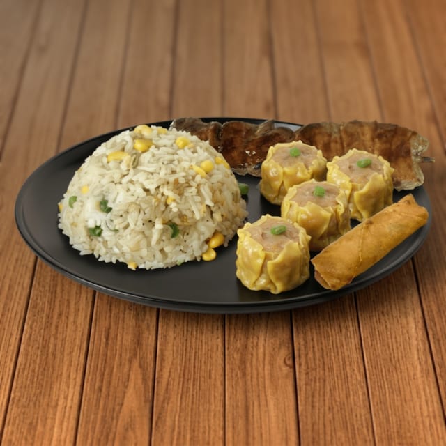 C10 - Fried Rice, 4 Pieces Siomai, 1 Piece Lumpia & 1 Stick BBQ Skewer (Pork or Chicken).