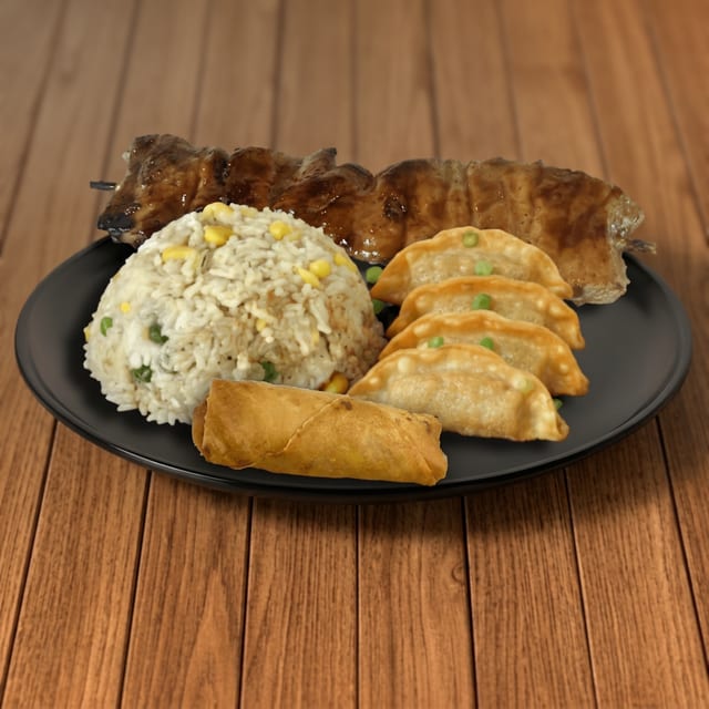 C5 - Fried Rice, 4 Pieces dumplings, 1 Piece Lumpia & 1 Stick BBQ Skewer (Pork or Chicken).